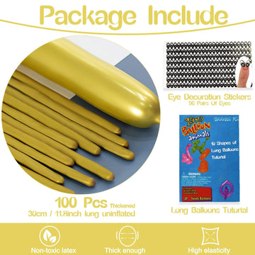 260 Balloons Metallic Gold, Thickened 100 Pack Long Balloons Twisting Skinny Magic Balloons For Balloon Arch Animals Clown Kids
