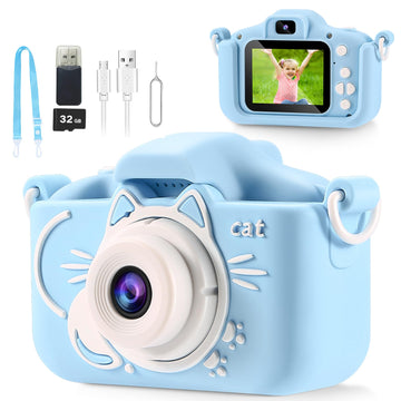 Kids Camera Toys For Boys, Selfie Camera For Kids,Hd Kids Digital Camera, 3 4 5 6 7 8 9 Year Old Boys Grils Christmas Birthday Gifts, Toddler Camera Toys With Soft Silicone Shell, 32Gb Card Blue