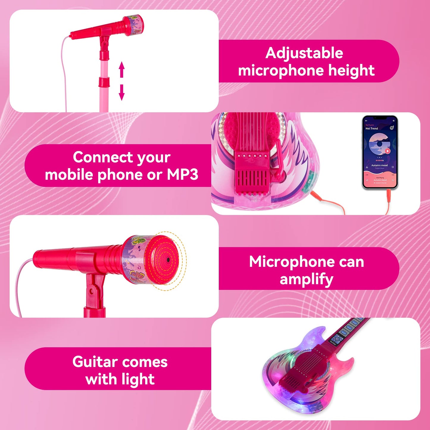 Guitar And Microphone Play Set For Girls,Karaoke Machine With Music&Light,Microphone Toys With Stand,Adjustable Height Guitar To