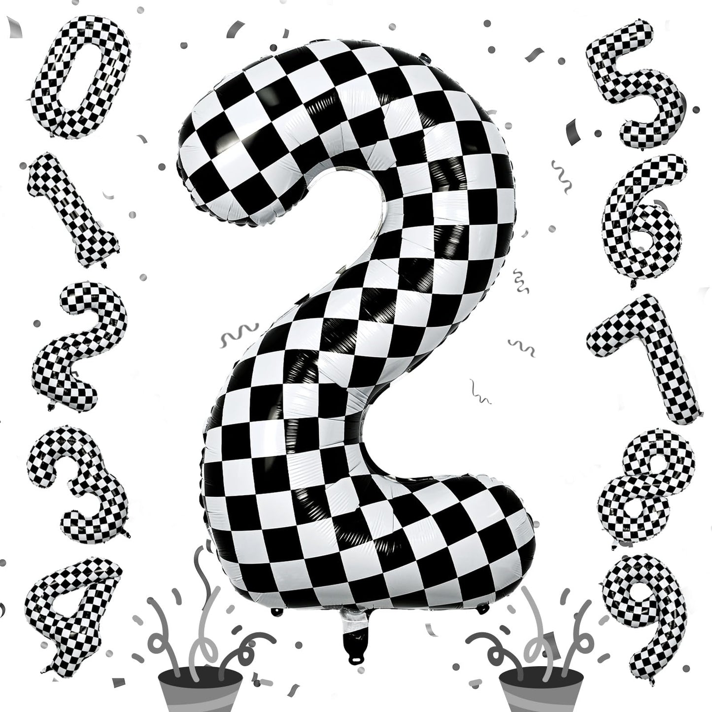 40 Inch 2Nd Birthday Number Balloon, Checkered Foil Self Inflating 2 Balloons Decor, Big Black And White Racing Helium Number 2