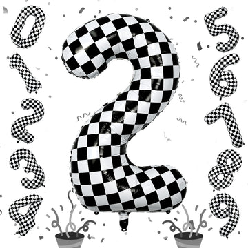 40 Inch 2Nd Birthday Number Balloon, Checkered Foil Self Inflating 2 Balloons Decor, Big Black And White Racing Helium Number 2