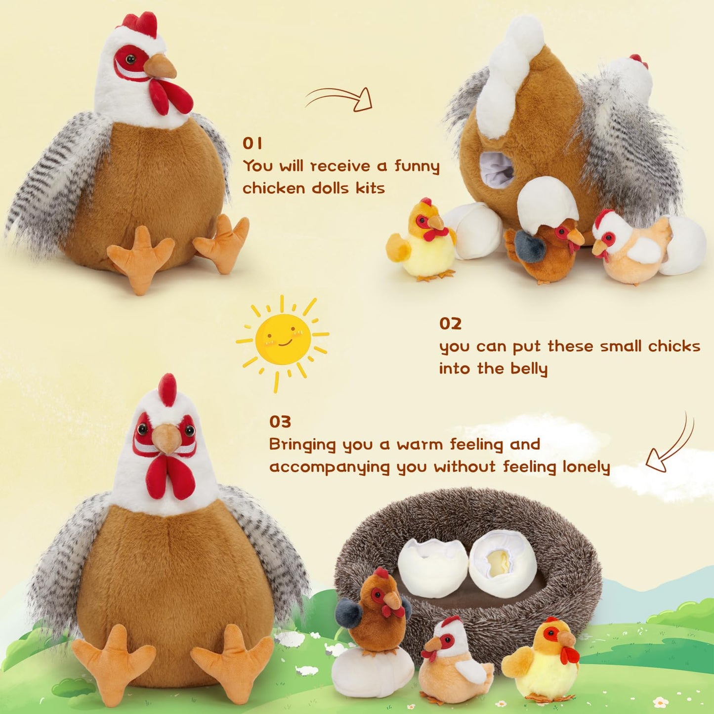 BENINY 8Pcs Chicken Stuffed Animal  Stuffed White Hen with Little Baby Chicks and Coop  Plush Toys for Kids  Hit of Christmas Farm Party
