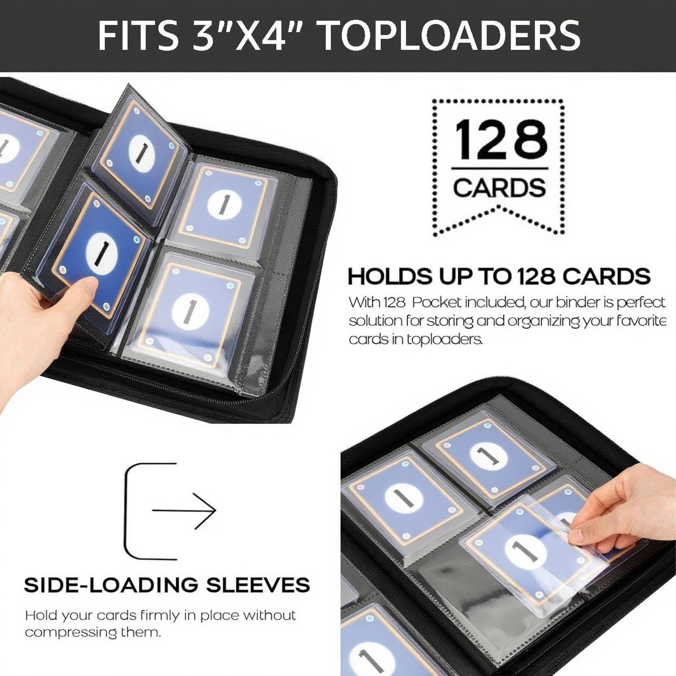 Toploader Binder 4 Pocket  Holds 128 Toploaders | enhanced Side-Loading Album for Maximum Protection | Displays 3x4 Rigid Cards for Pokmon  Sports  MTG  YuGiOh TCG Collection (Black)