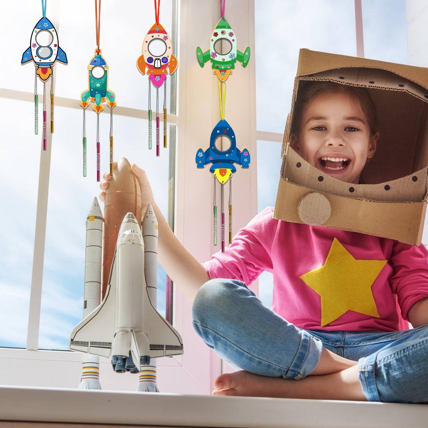 Fennoral 12 Pack Wind Chime Kit For Kids Make Your Own Rockets Wind Chime Craft Wooden Arts And Crafts For Girls Boys Ornaments