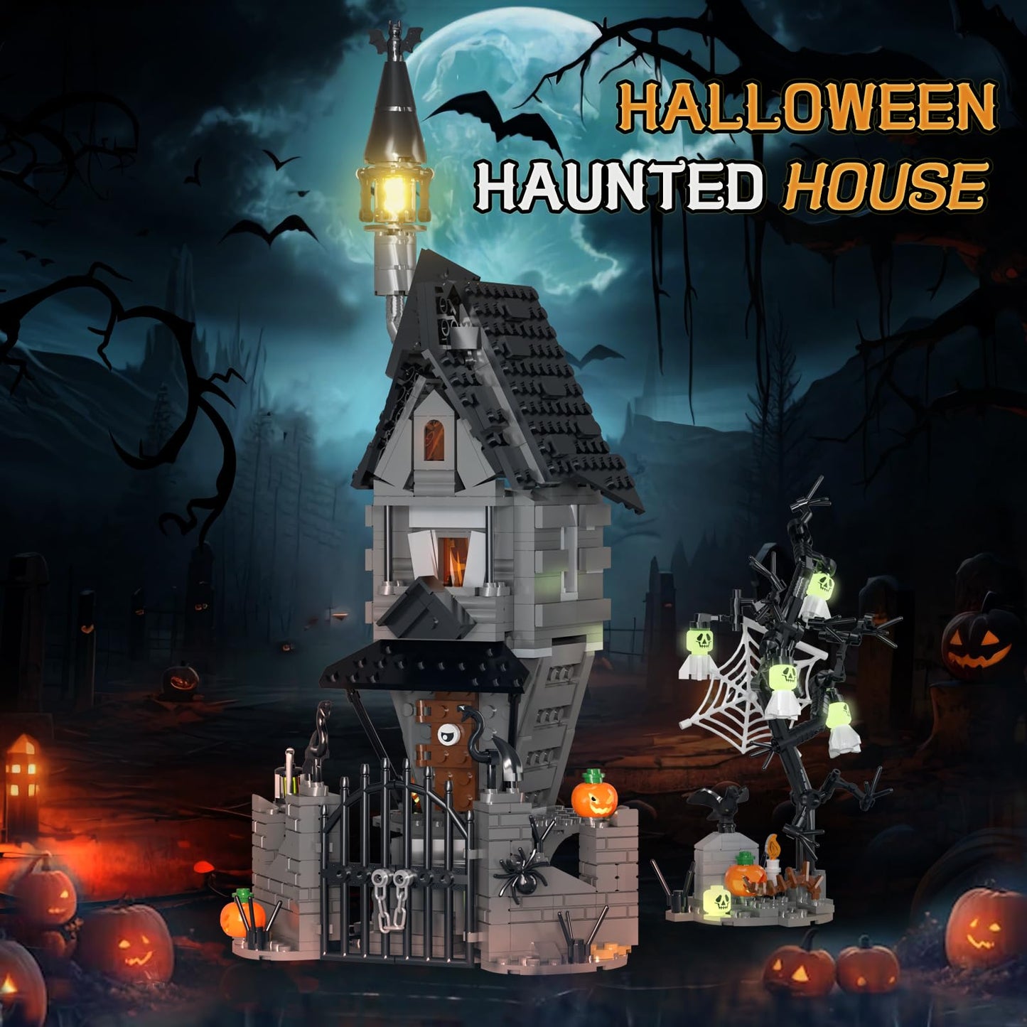 Tweandar Halloween Haunted Mansion Building Set,Before Xmas Haunted House Building Blocks Set With Light, Glow-In-The-Dark Pumpk