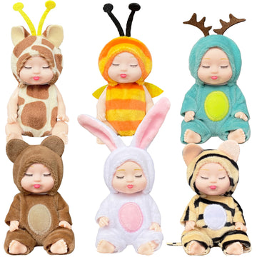 Woozettn 6 Pcs Mini Baby Dolls,4 Inch Realistic Small Baby Doll Toys With Animal Clothes,Cute Tiny Babies Gifts For Girls Kids Baby Shower Easter Basket Valentine