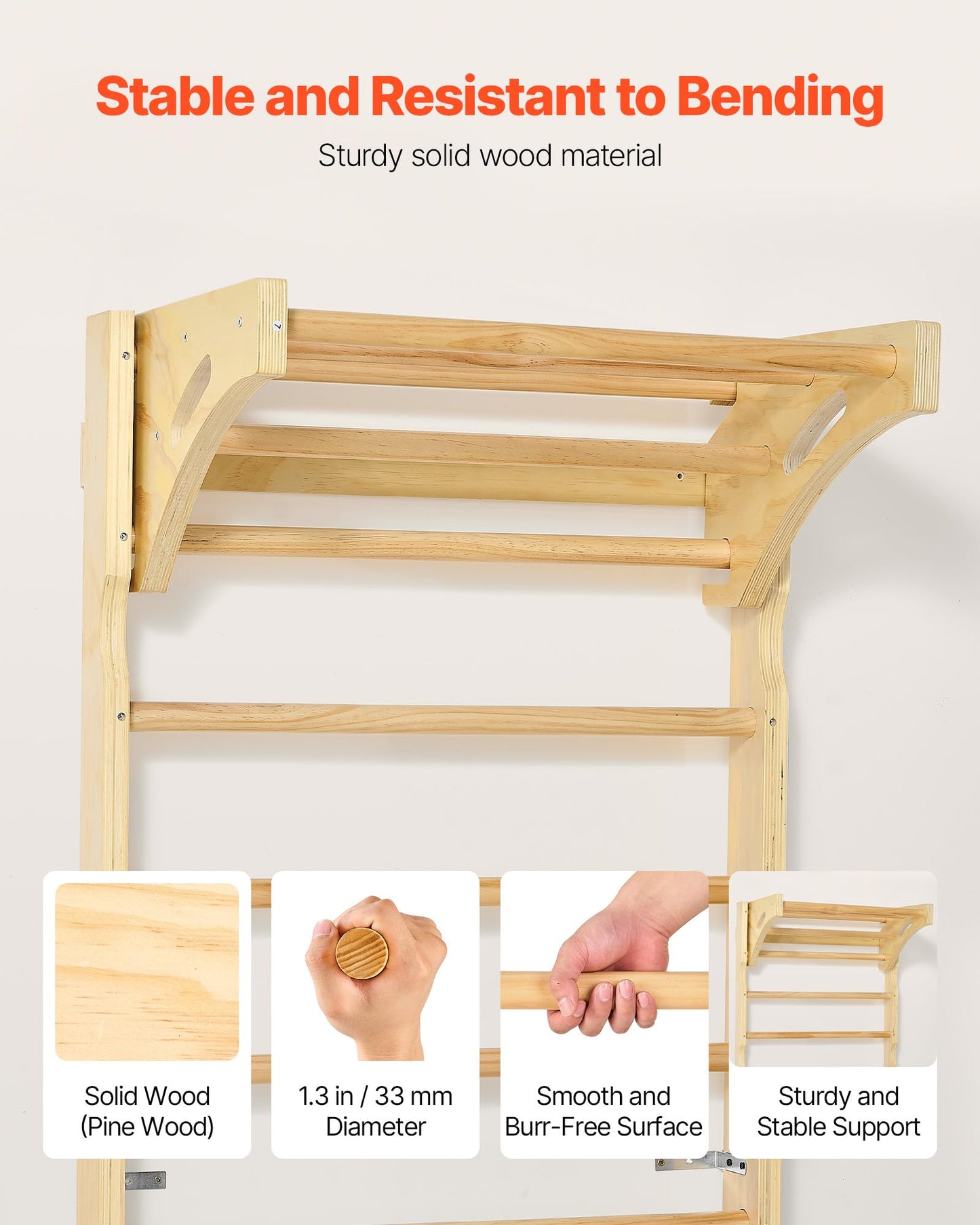 VEVOR Swedish Ladder Wall Gym, 2-in-1 10-Level Indoor Jungle Gym, 220LBS Loading Solid Wood Gymnastic Stall Bars for Kids & Adul