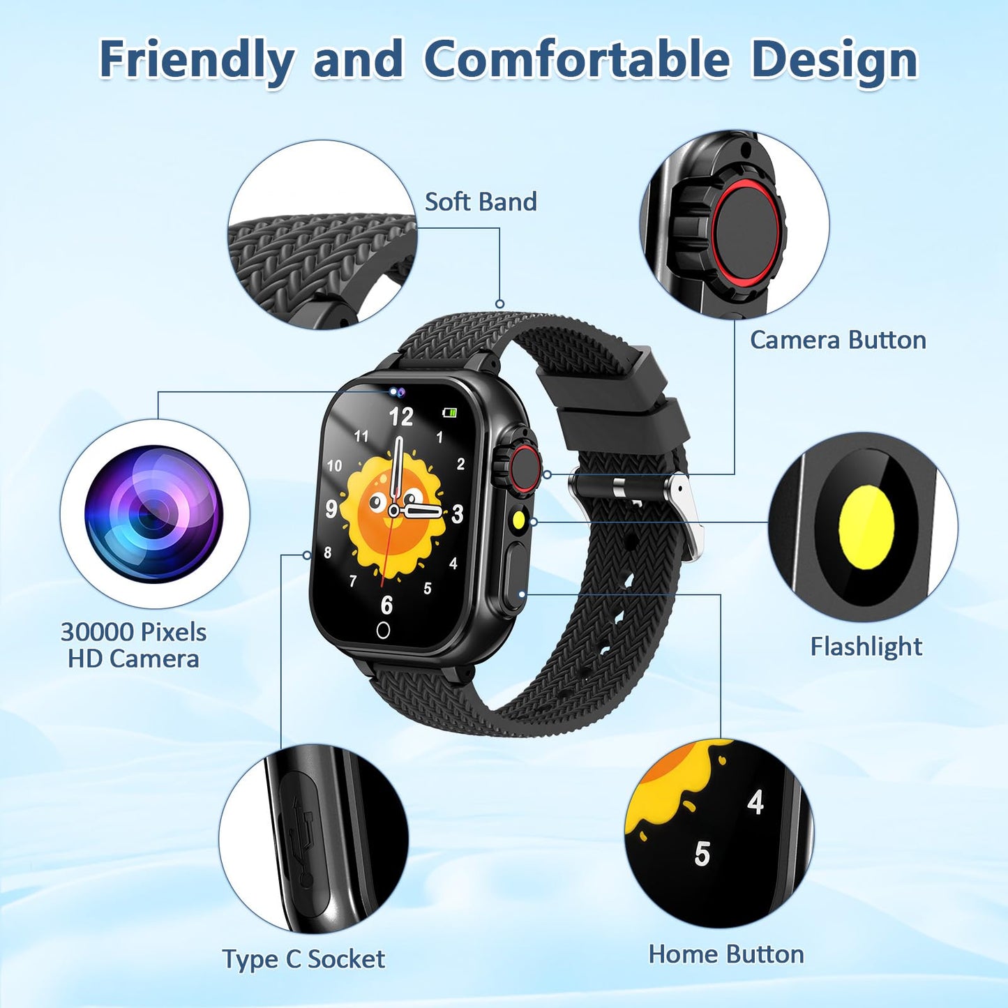Wepfum Gift For Boys Age 5-12,Kids Smart Watch 32 Games Hd Touch Screen Watches With Video Camera Music Player Pedometer Flashli