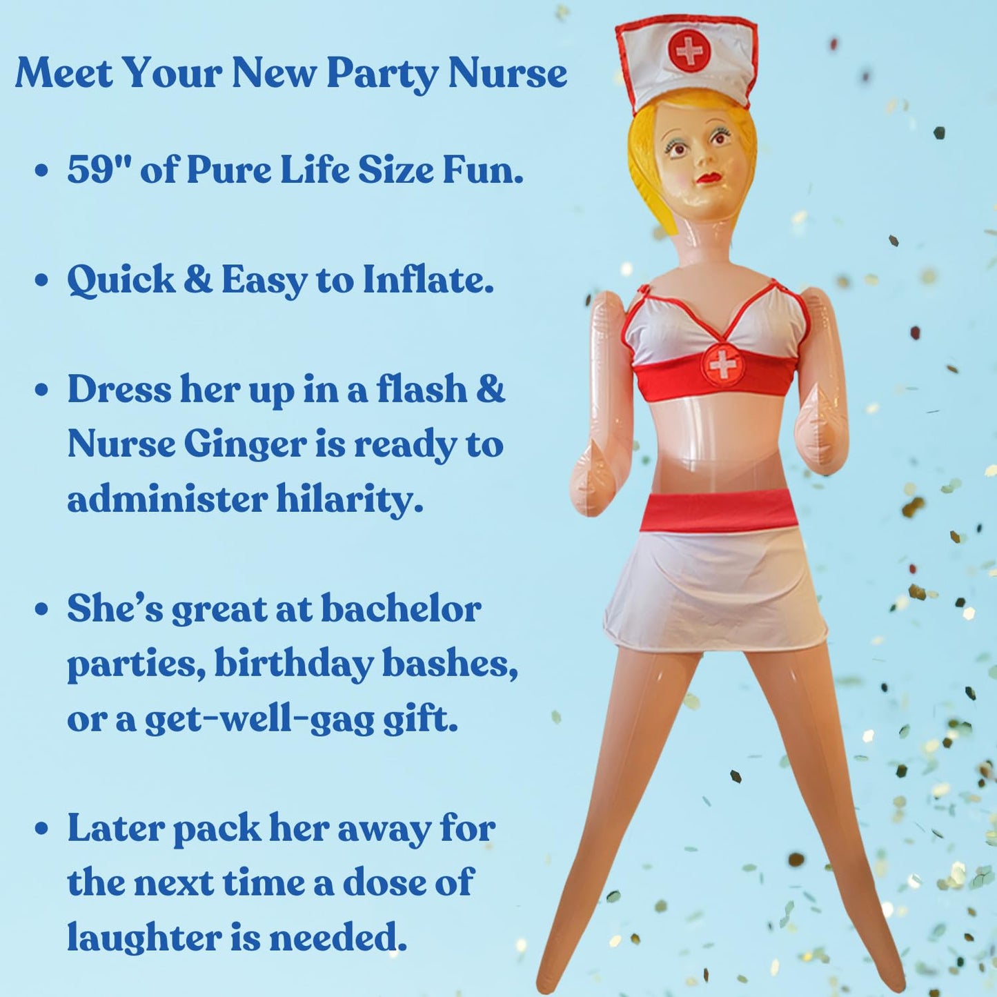 Merrimix - Ginger Inflatable Blow Up Doll With Nurse Costume, Gag Gifts For Men, Bachelor Party Favors And Decoration Accessorie