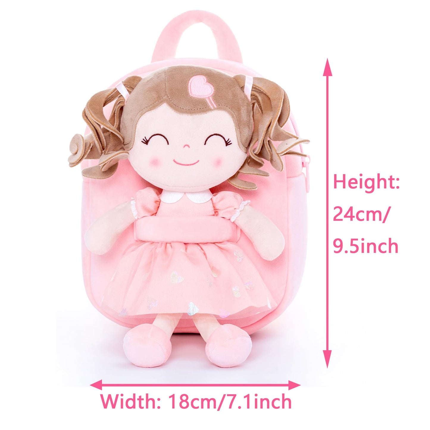 Gloveleya Toddler Backpack Baby Girl Gift Plush Bag Diaper Bag With Spring Girl Doll Curly Hair Girl Toys With Love Pink 9 Inches
