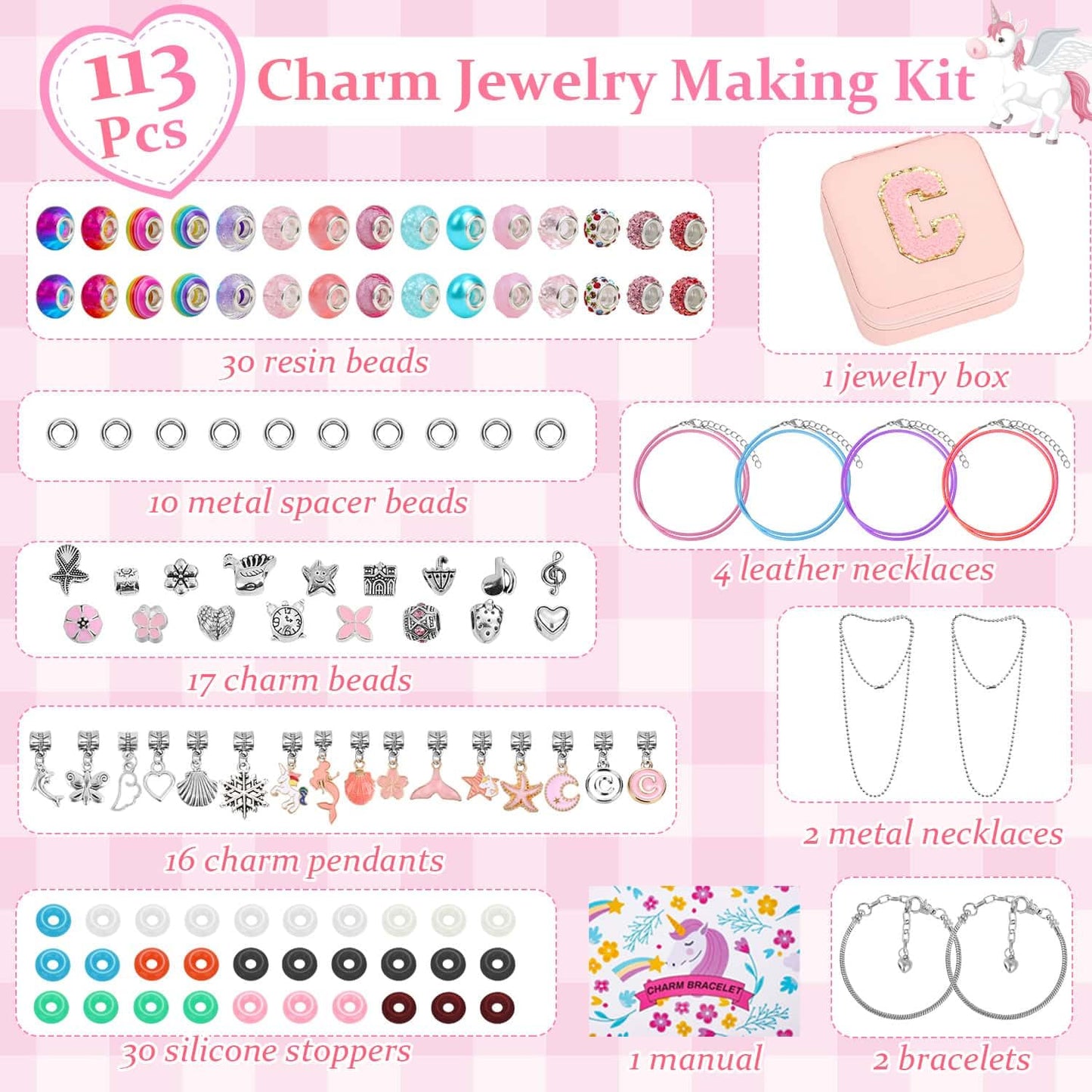 110 Charm Bracelet Making Kit, Jewelry Making Kit for Girls DIY Bead Necklace Kit with Initial Bracelet Box Unicorns Crafts Arts
