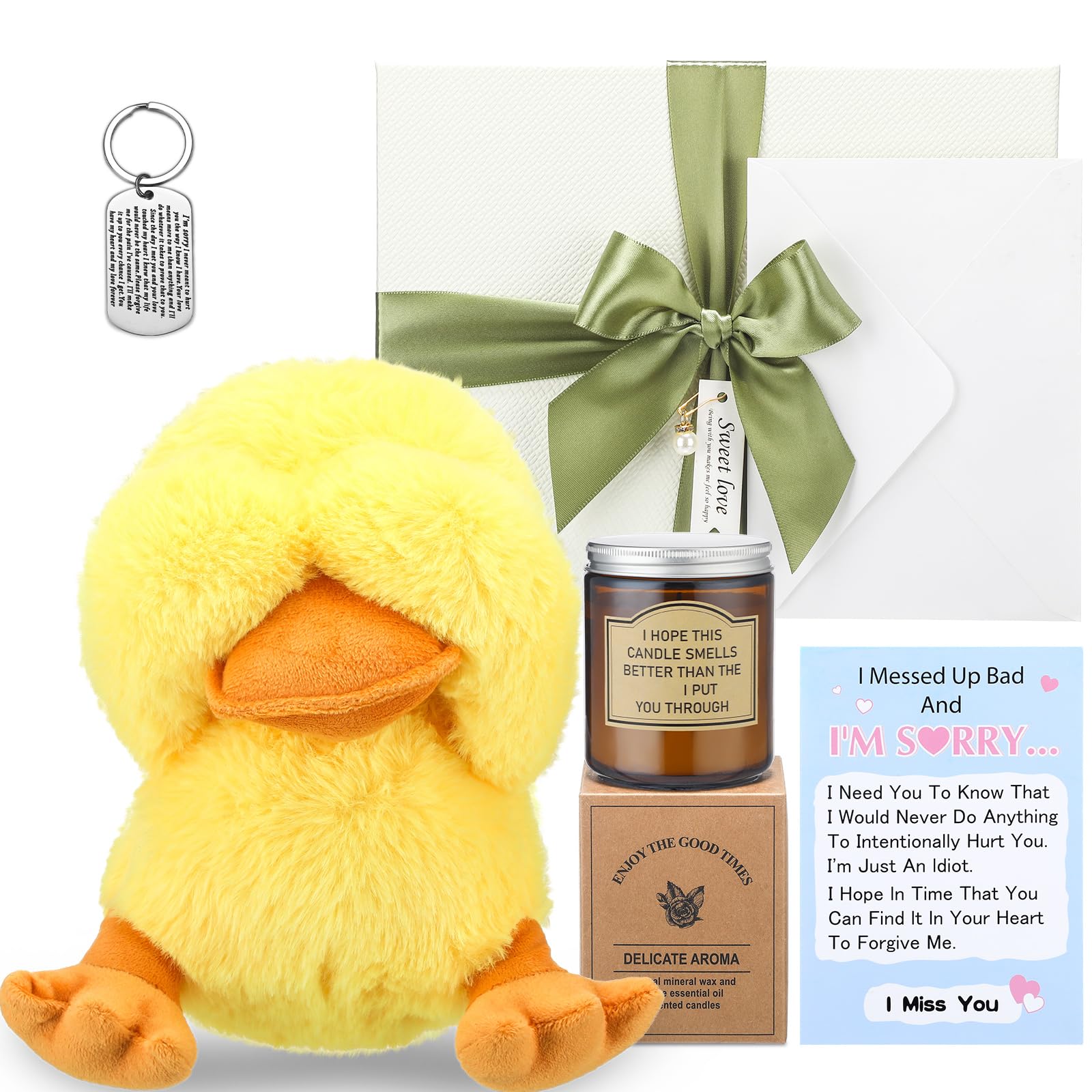 HyDren 5 Pcs Im Sorry Gifts Set with Big Box Include Adorable Apology Duck Gifts Candle Sorry I Ducked up Card Keychain Soft Fo