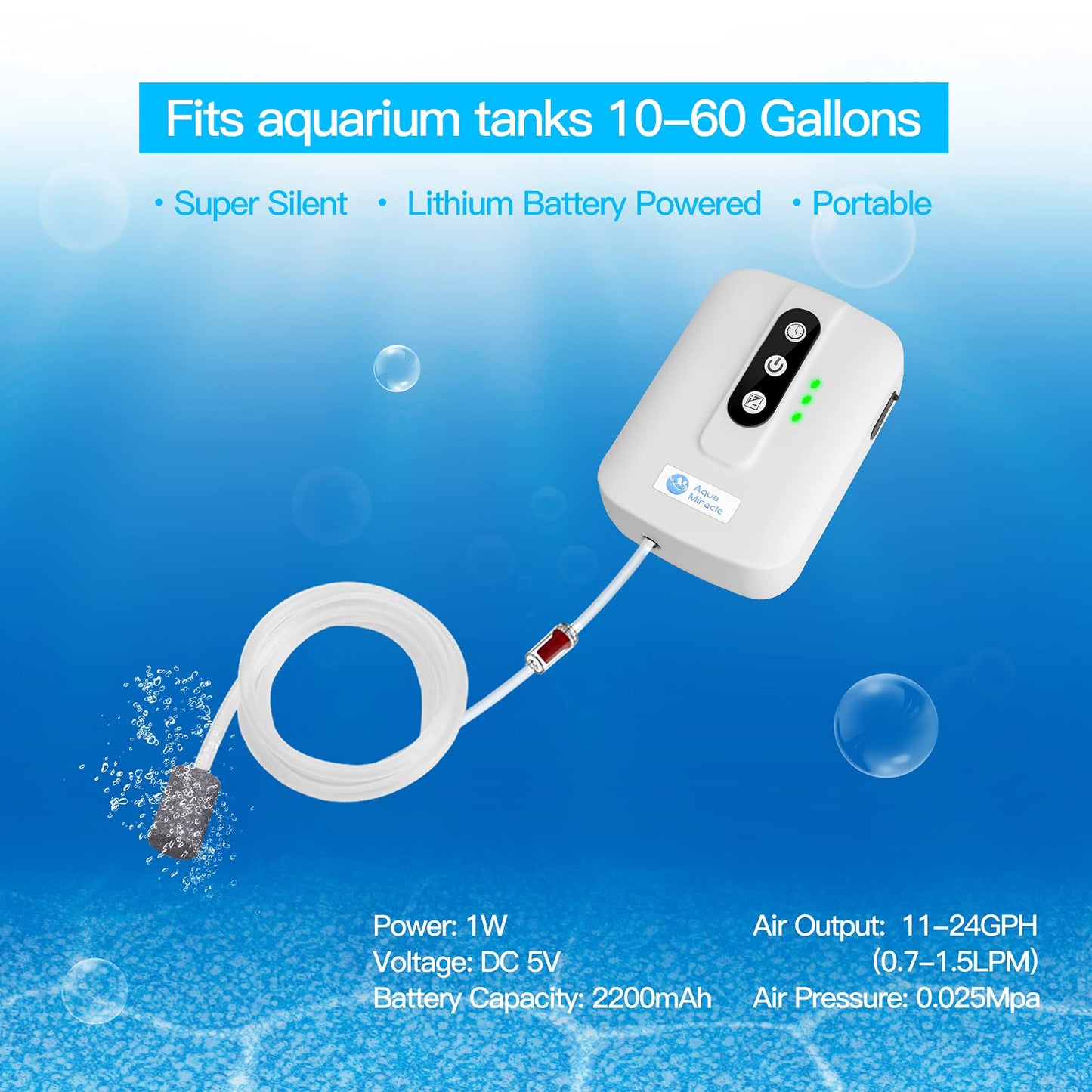 AquaMiracle Portable Aquarium Air Pump, USB Rechargeable, For Tanks up to 60 Gal, White, Model JHL-1101