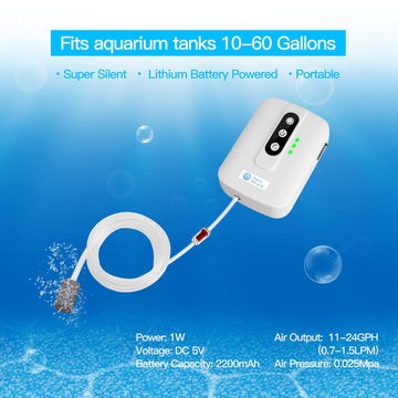 AquaMiracle Portable Aquarium Air Pump, USB Rechargeable, For Tanks up to 60 Gal, White, Model JHL-1101