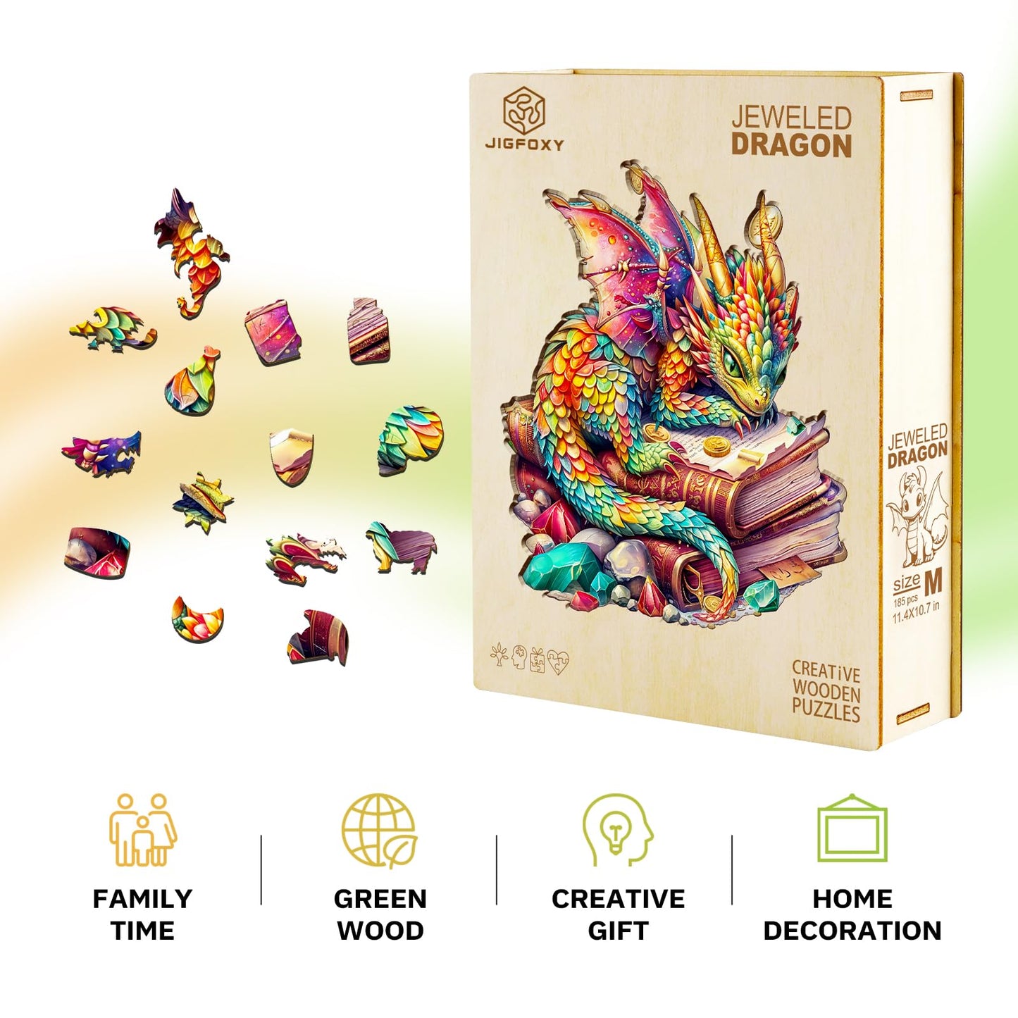 Jigfoxy Wooden Puzzles for mature-themeds  Jeweled Dragon Wood Puzzles mature-themed  Unique Animal Shape Wooden Jigsaw Puzzles for mature-themeds  Birthday Gifts for Puzzle Lovers  Family (S-8.5 * 8in-100pcs)