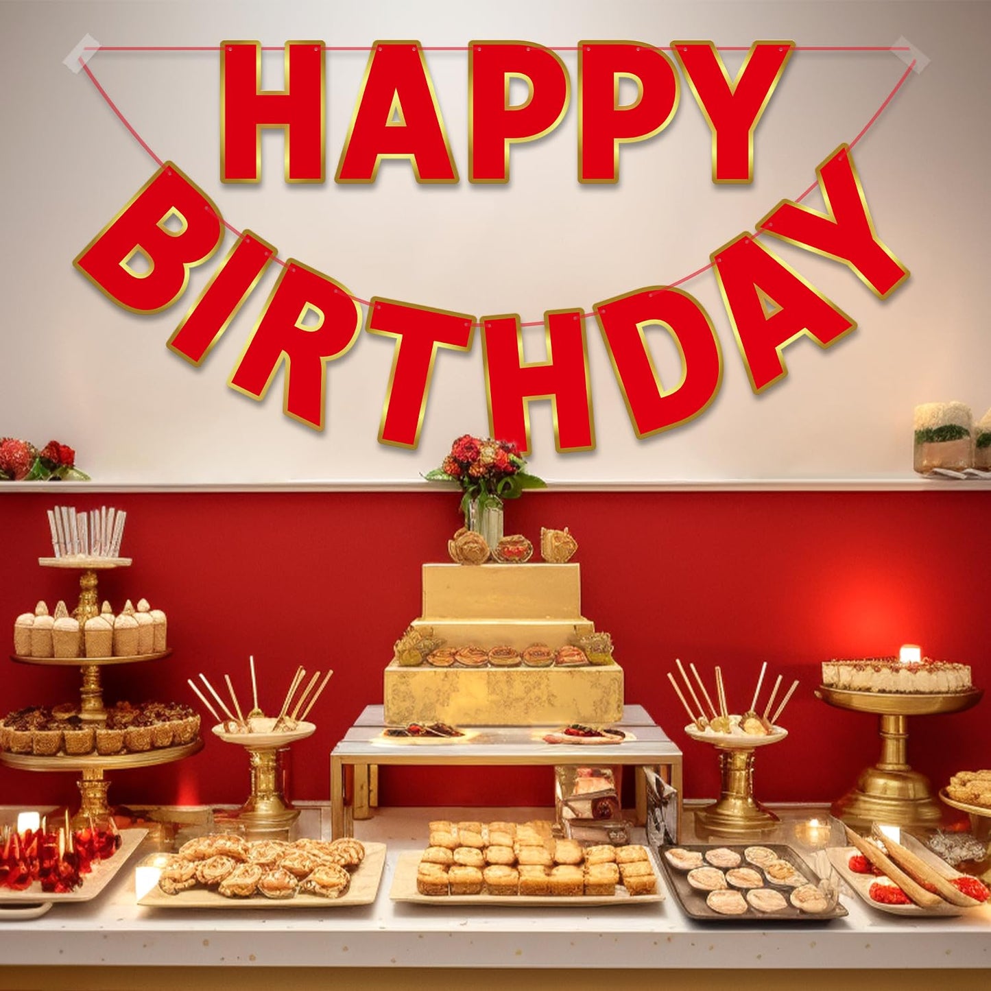 Litaus, Red Happy Birthday Banner - Pre-Strung, 9 Ft, No Diy | Birthday Decorations | Happy Birthday Sign For Birthday Decor, Ba