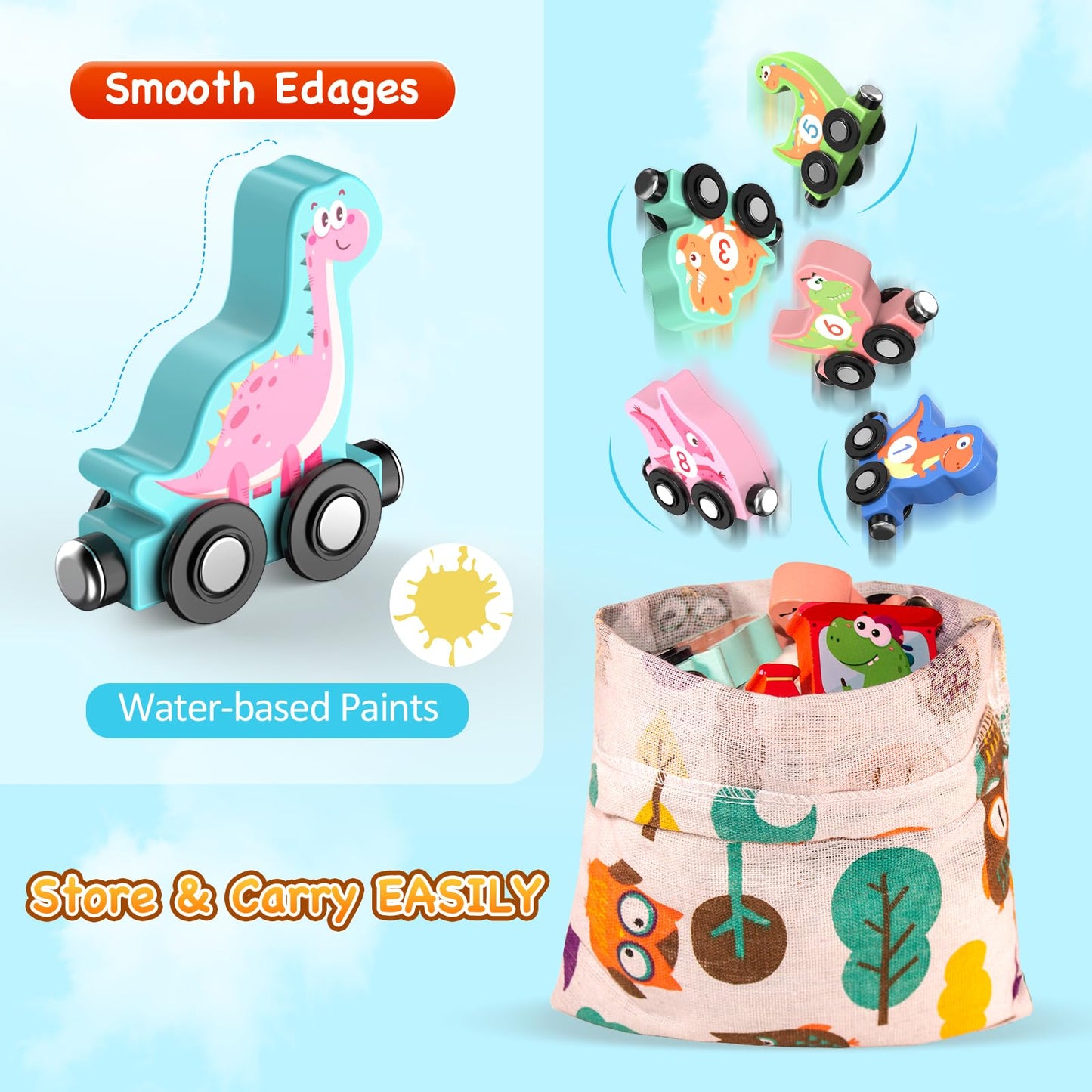 Zeoddler Toys For Toddlers, 11 Magnetic Wooden Dinosaur Train Set, Montessori Toys For Toddlers, Preschool Educational Material For Kids, Birthday Gifts For Boys, Girls