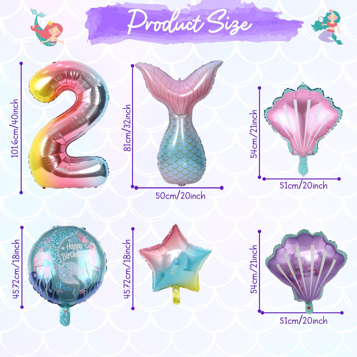 Mermaid Balloons 2Nd Birthday Decorations, 8Pcs Mermaid Party Decorations Balloons, 40 Inch Rainbow Number 2 Balloon, Large Helium Foil Mermaid Tail Balloon, Seashell Balloons For Girls' 2Nd Birthday