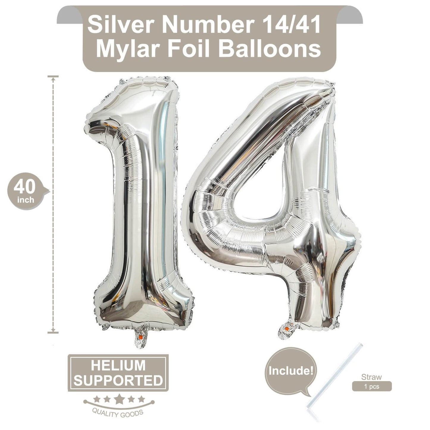 LHOAVWE 40 Inch Silver 14 Number Balloons - Aluminum 14th Birthday Party Decorations