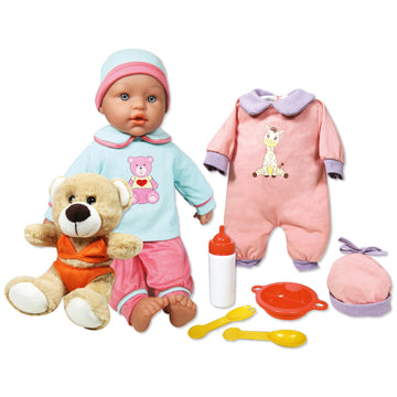 Lissi: Baby Doll Billie & Little Bear - 15'' Blue & Pink - 8 Piece Set W/Stuffed Teddy Bear, Extra Outfit, Food Accessories, Pre