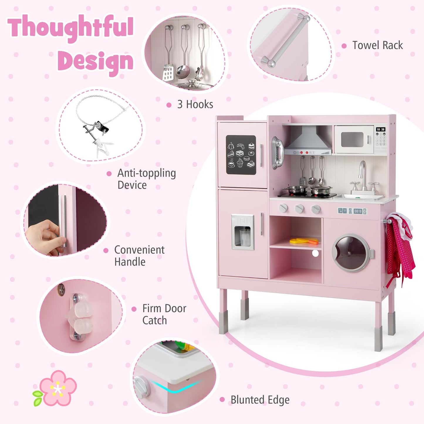 Honey Joy Pink Kids Kitchen Playset, Wooden Play Kitchen For Toddlers, Microwave, Cookware, Washing Machine, Range Hood, Blackbo