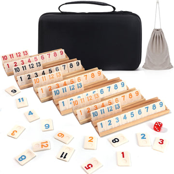 Elanbells Upgraded 2-6 Players Rummy Cube Board Game Set with 6 Wooden Racks  160 Tiles  Portable Case  Drawstring Bag and Dice  for mature-themeds Friends Night Gifts Travel Party Sharpens Brain
