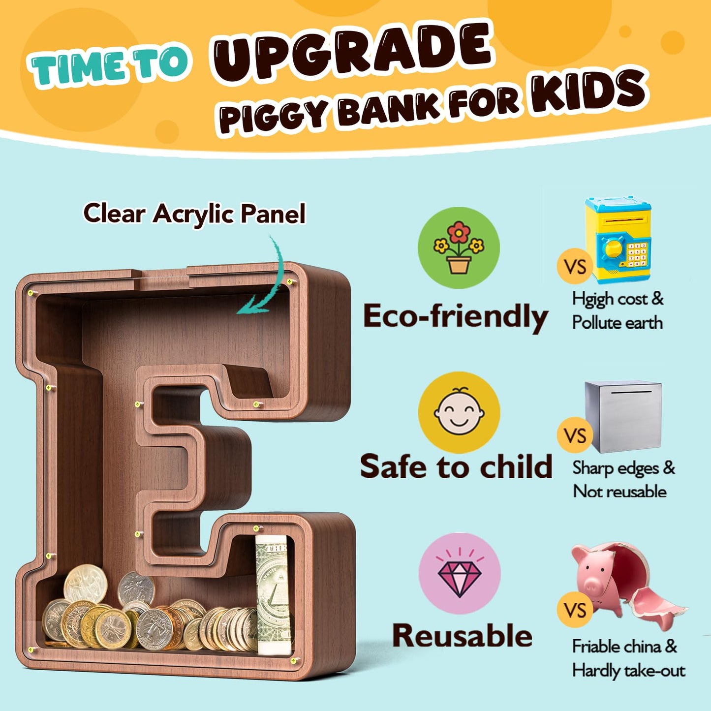 Summidate Wooden Letter Piggy Bank  Extra Thick Large Capacity Piggy Bank for Kids Boys Girls Toddler  Alphabet E Money Bank| Coin Box Birthday  Christmas  Festival