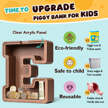 Summidate Wooden Letter Piggy Bank  Extra Thick Large Capacity Piggy Bank for Kids Boys Girls Toddler  Alphabet E Money Bank| Coin Box Birthday  Christmas  Festival