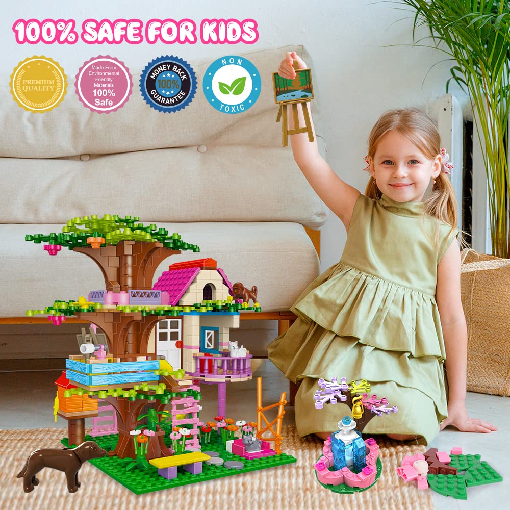Hogokids Tree House Stem Building Toy - Creative Construction Set 613Pcs Forest House Building Bricks | Treehouse With Fountain And Animals, Building Block Toy For 6 7 8 9 10+ Girls Boys Best Gift