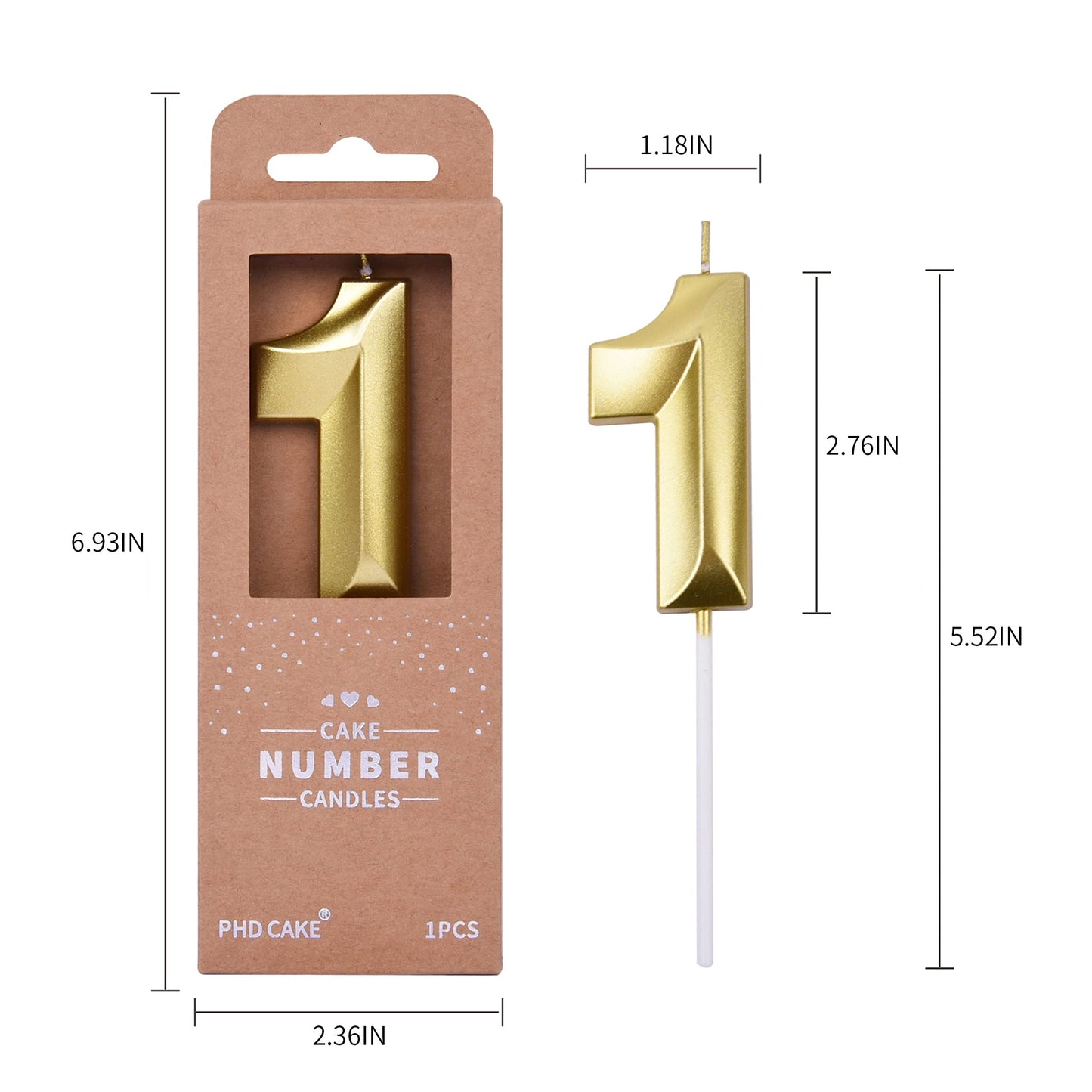 PHD CAKE 2.76 Inch Diamond Gold 1 Number Birthday Candles, Gold Number Candles, Cake Number Candles, Party Celebration