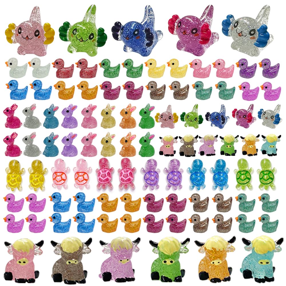 Aweelon 86Pcs Mini Resin Animal Figurines,Including Glitter Glowing Duck Bunny Turtle Highland Cow, Glitter Axolotl, Aquarium Do
