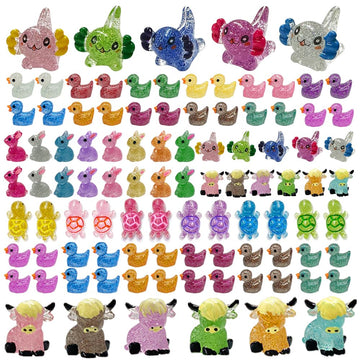 Aweelon 86Pcs Mini Resin Animal Figurines,Including Glitter Glowing Duck Bunny Turtle Highland Cow, Glitter Axolotl, Aquarium Do