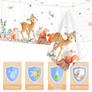 3 Pieces Woodland Plastic Tablecloths For Girl Baby Shower Decorations Floral Woodland Creatures Table Covers Forest Animal Friends Table Decoration For Birthday Party Supplies Favors, 54 X 108 Inches