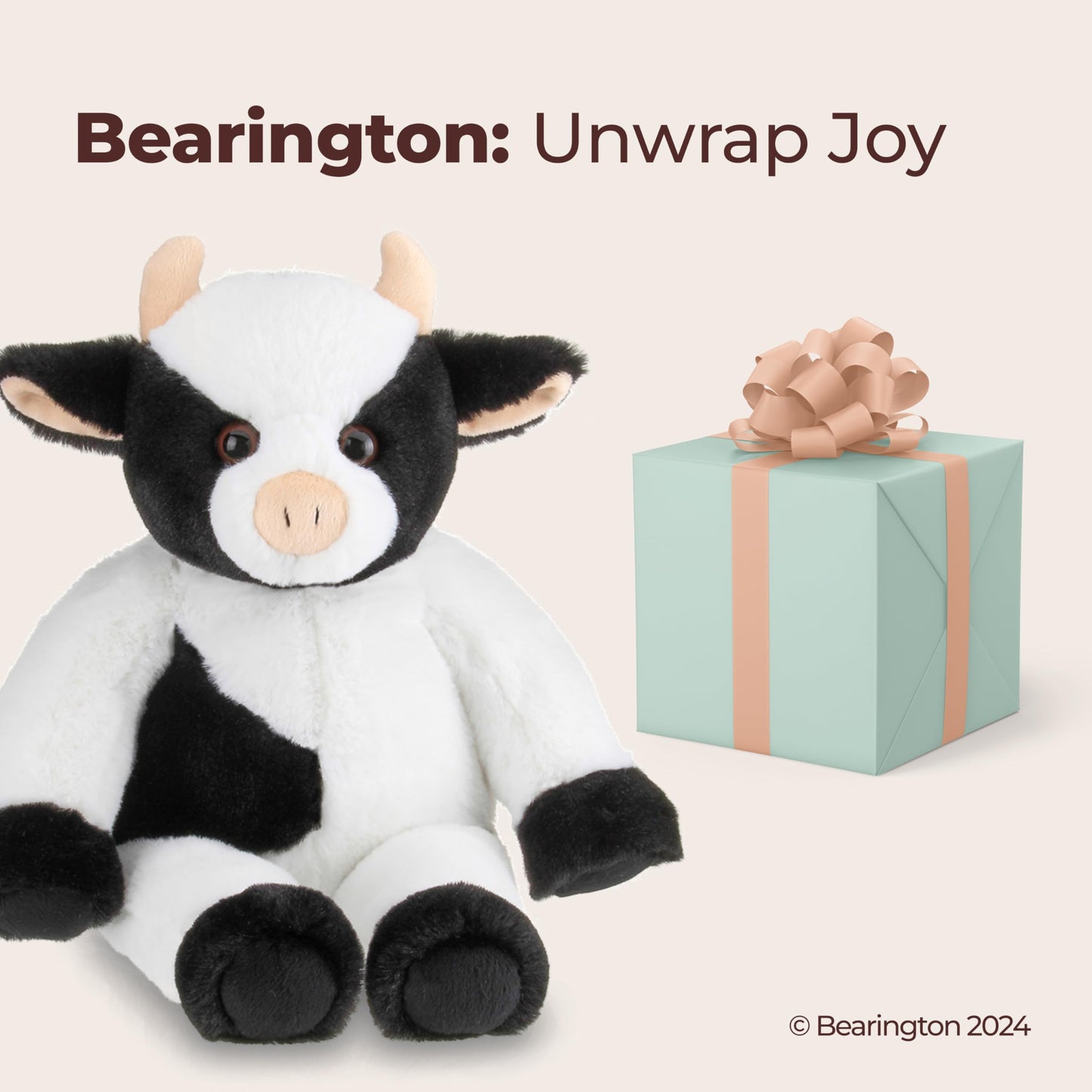 Bearington Cowlin The Cow Plush Toy: 15” Tall Friendly Stuffed Farm Animal, Black And White With Velour Faux-Fur And Soft Horns; Surface Washable; Great Gift For Boys, Girls, Animal Lovers Of All Ages