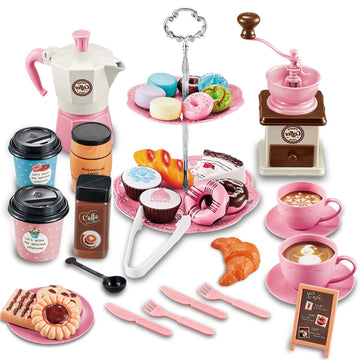 GIFTRRTOY Pretend Tea Party Set for Little Girls, 38 PCS Coffee Maker Set and Play Food Dessert Set for Kids Age 3 4 5 6 7 8 9(P