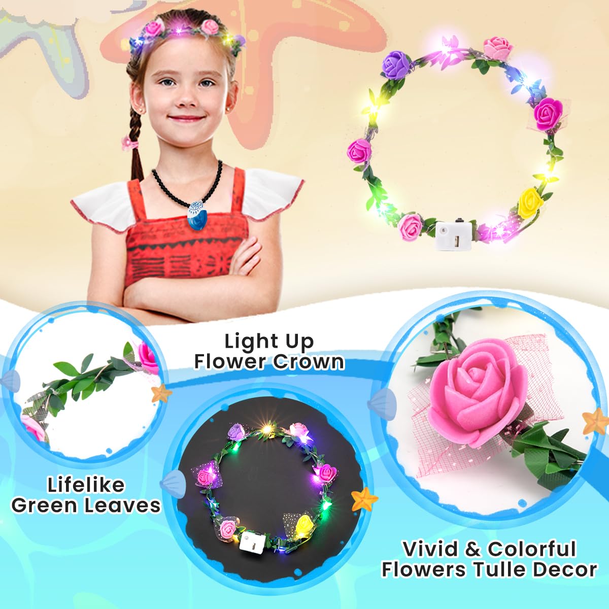 Meland Princess Dress Up For Girls, Dress Up Clothes With Light Up Flower Crown, Halloween Costumes For Girls Toddlers 3-8