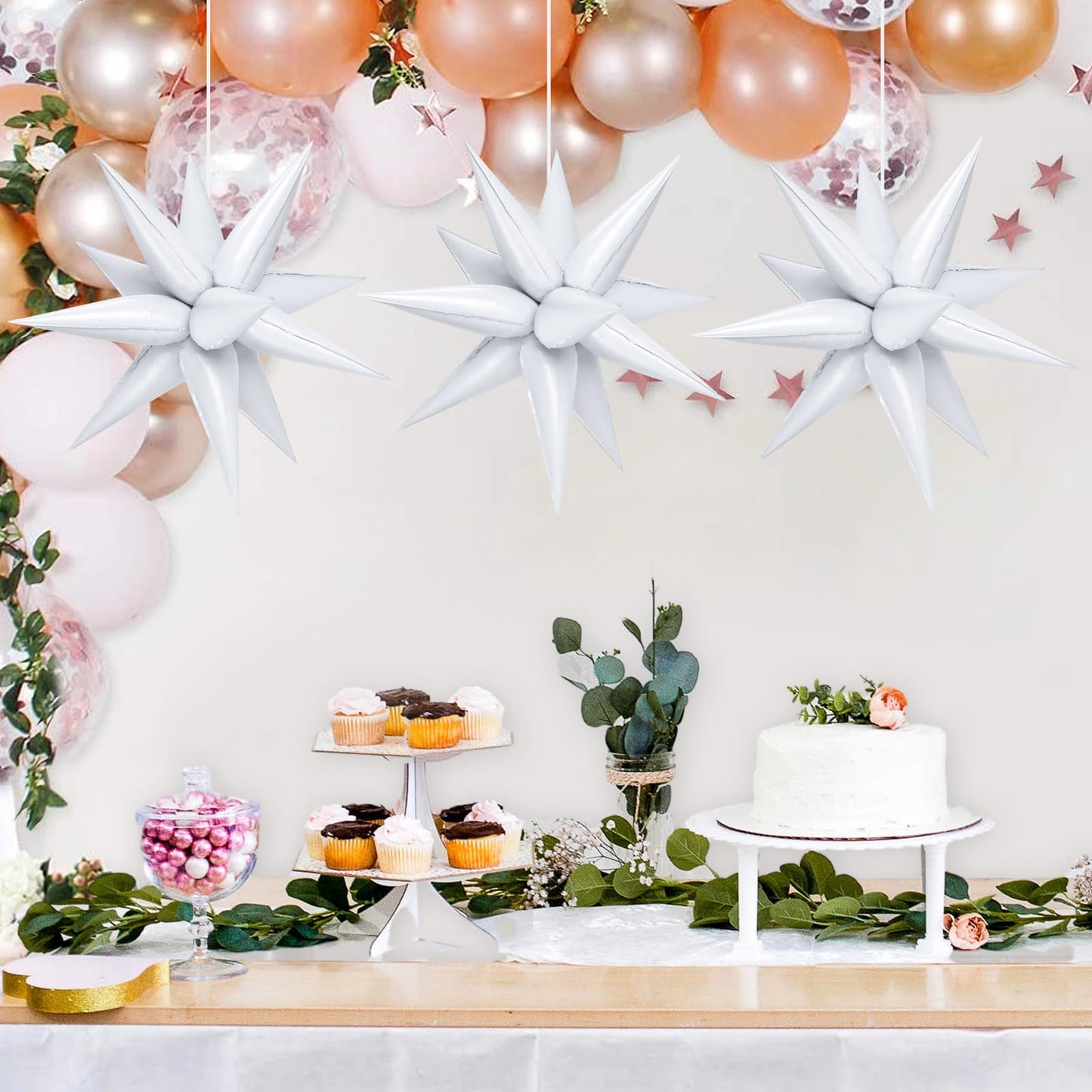 72 Pcs White Star Balloons, 26 Inch Star Foil Balloons Starburst Balloon, Large Spike Cone Metallic Balloons For Birthday, Weddi