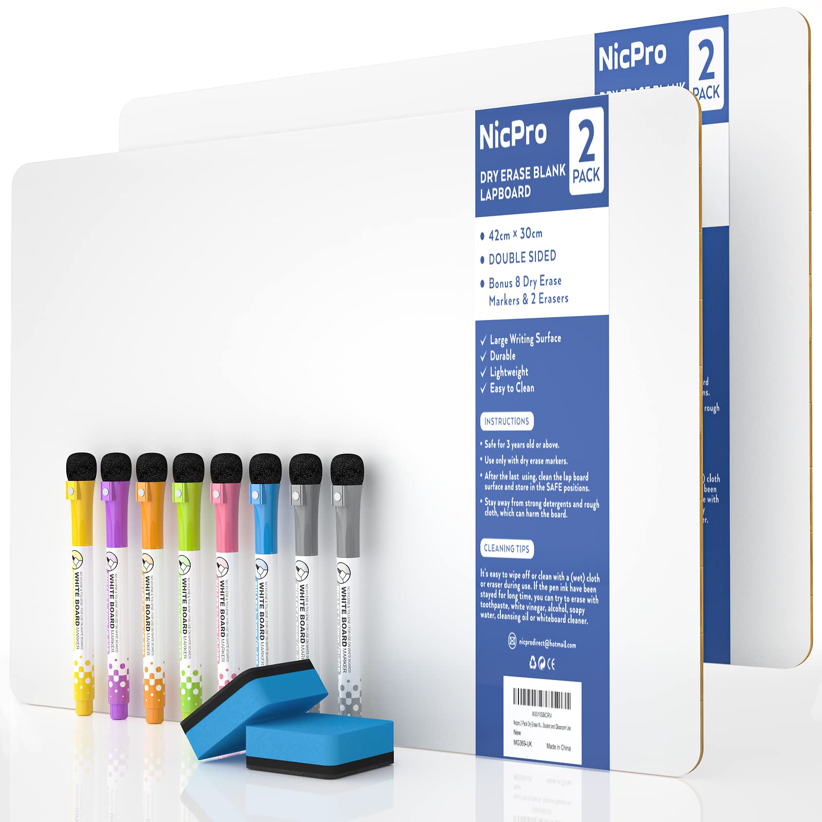 Nicpro Dry Erase Lap Board 12 x 16 inches 2 Pack Kid Double Sided Blank Small Lapboard with 8 Pens, 2 Eraser, Learning Mini Whit