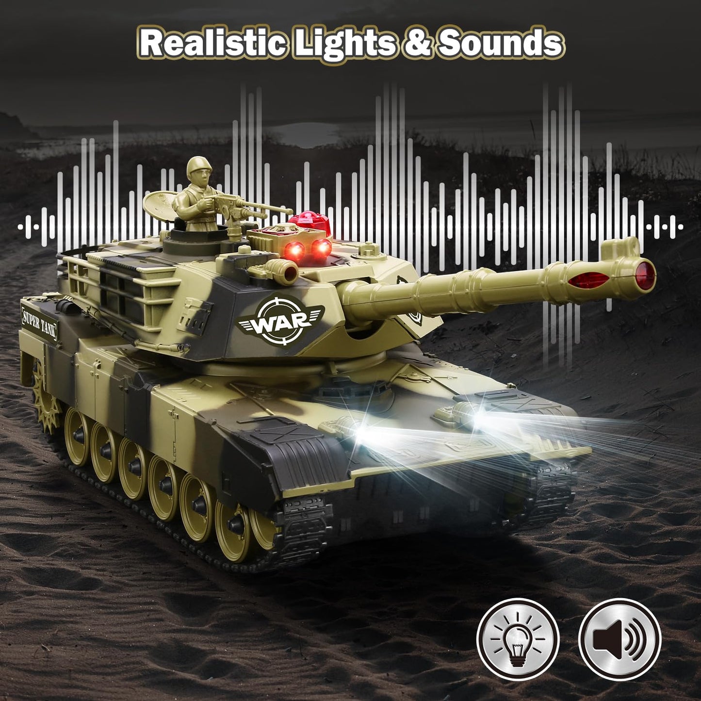 Remote Control Tank For Boys - Kids Simulated Army Tank Toy, 1:28 Scale 8 Channels Rc Tanks With Toy Soldiers, 2 Batteries, Rota