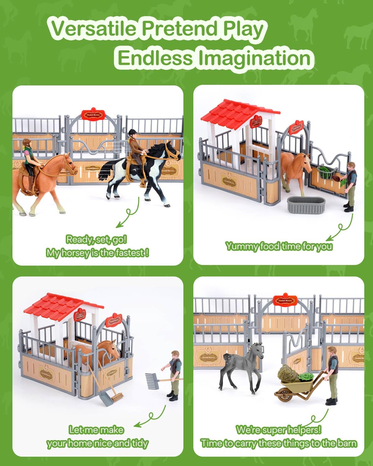 DuDuMo Horse Stable Playset with 3 Horses & 2 Riders, Green Plastic Toy for Kids 3-8+ Years
