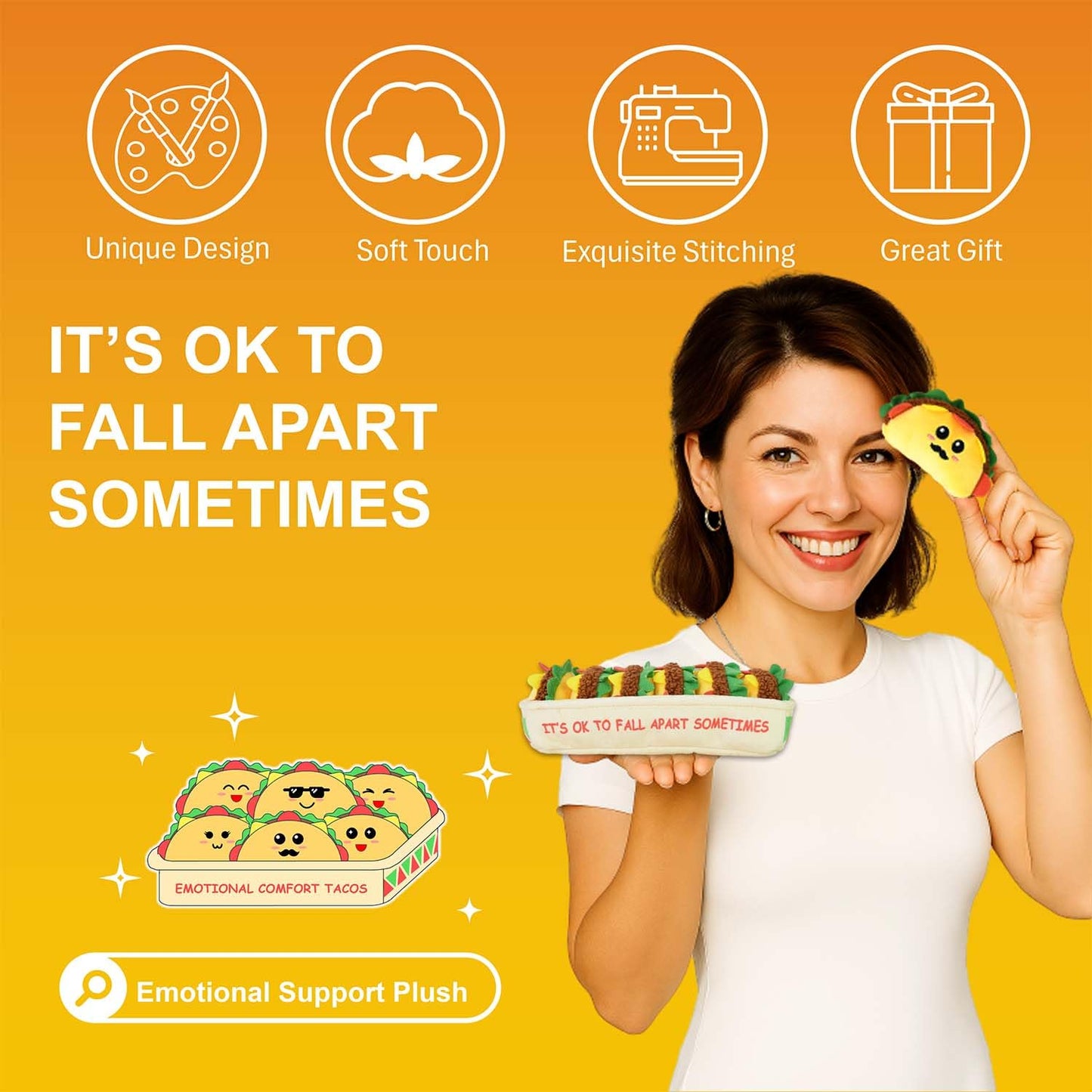 Inspirational Emotional Support Tacos Plush Toy, 6 Cute Stuffed Tacos in 1 Soft Serving Tray, Funny Stuffed Animal Gift for Wome