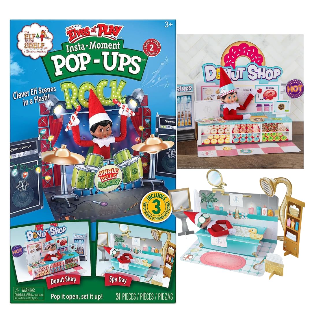 The Elf on the Shelf Insta-Moment Pop-Ups, Small, White Cardboard, Model EOTSPOPUPS2, Includes 3 Backdrops & Accessories