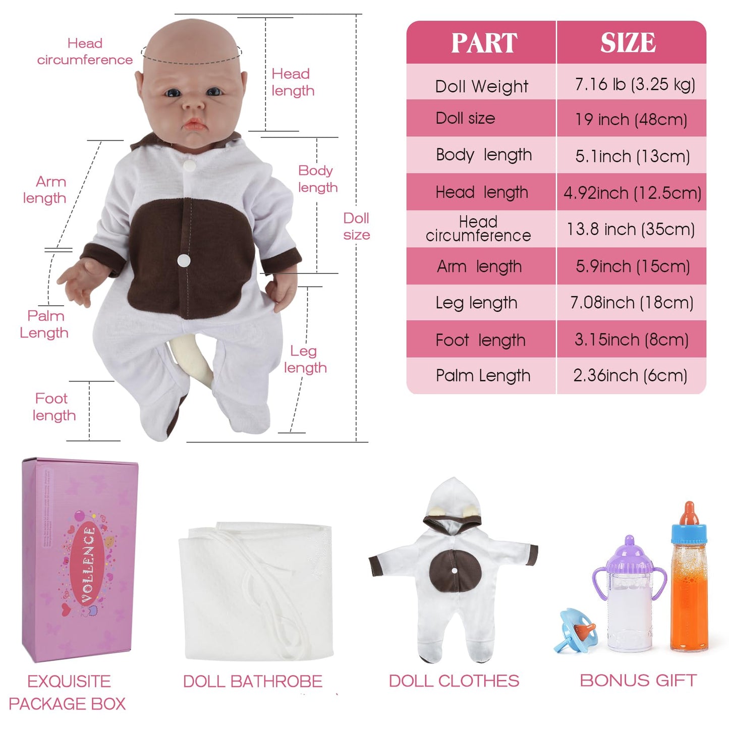 Vollence 19 Inch Full Silicone Reborn Realistic Lifelike Baby Doll - Girl