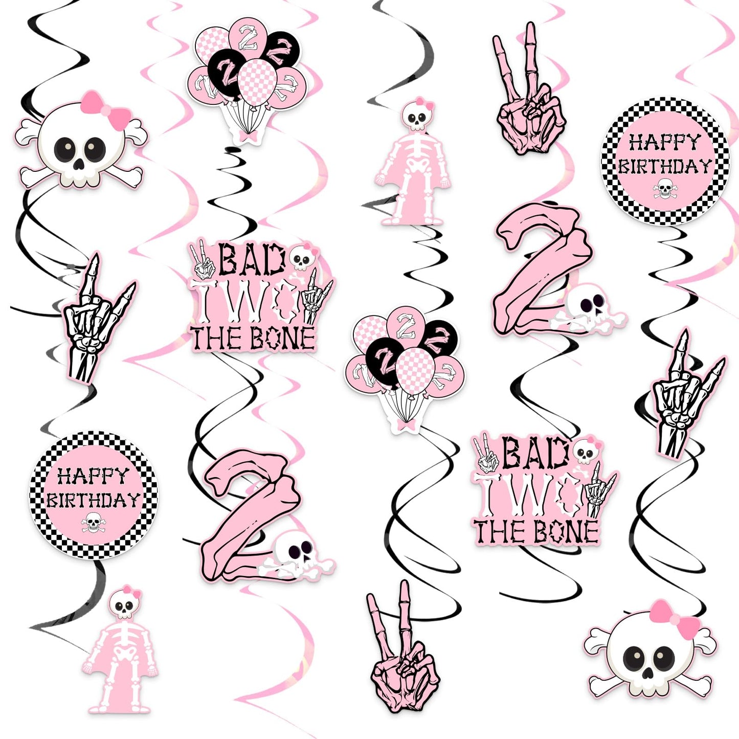 Jollyboom Bad Two The Bone Party Decorations Girl, 24pcs Skeleton 2nd Birthday Decorations Hanging Swirl Bad 2 The Bone Hanging 