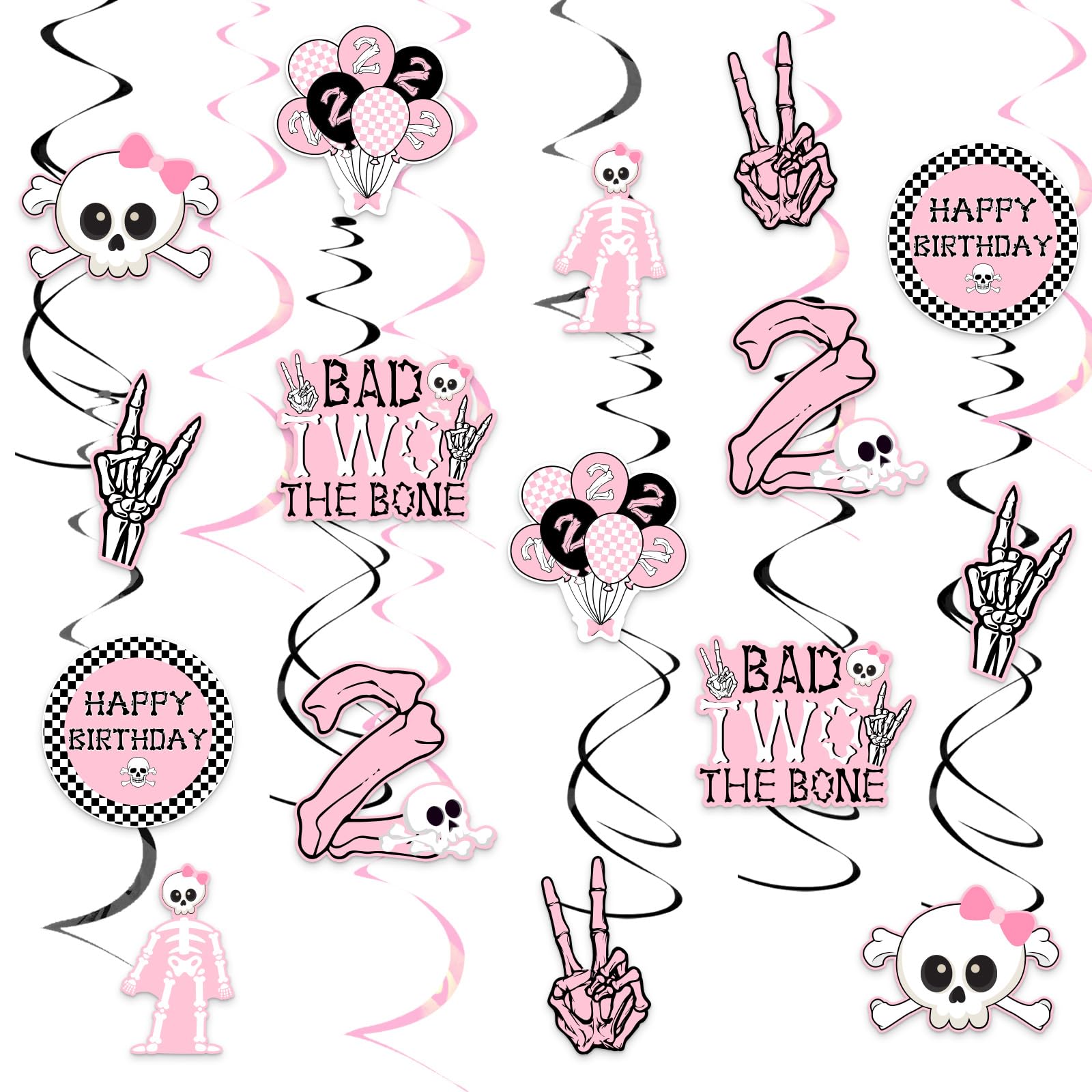 Jollyboom Bad Two The Bone Party Decorations Girl, 24pcs Skeleton 2nd Birthday Decorations Hanging Swirl Bad 2 The Bone Hanging 