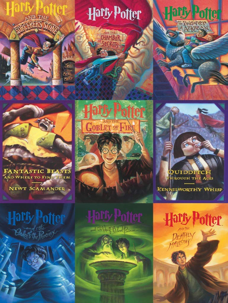 New York Puzzle Company 500 Piece Jigsaw Puzzle - Harry Potter Book Cover Collage by Mary GrandPré, Cardboard