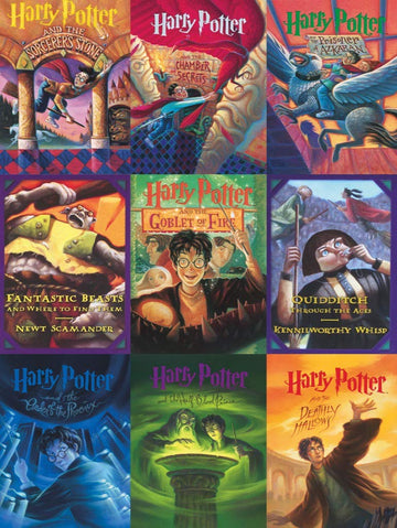 New York Puzzle Company 500 Piece Jigsaw Puzzle - Harry Potter Book Cover Collage by Mary GrandPré, Cardboard