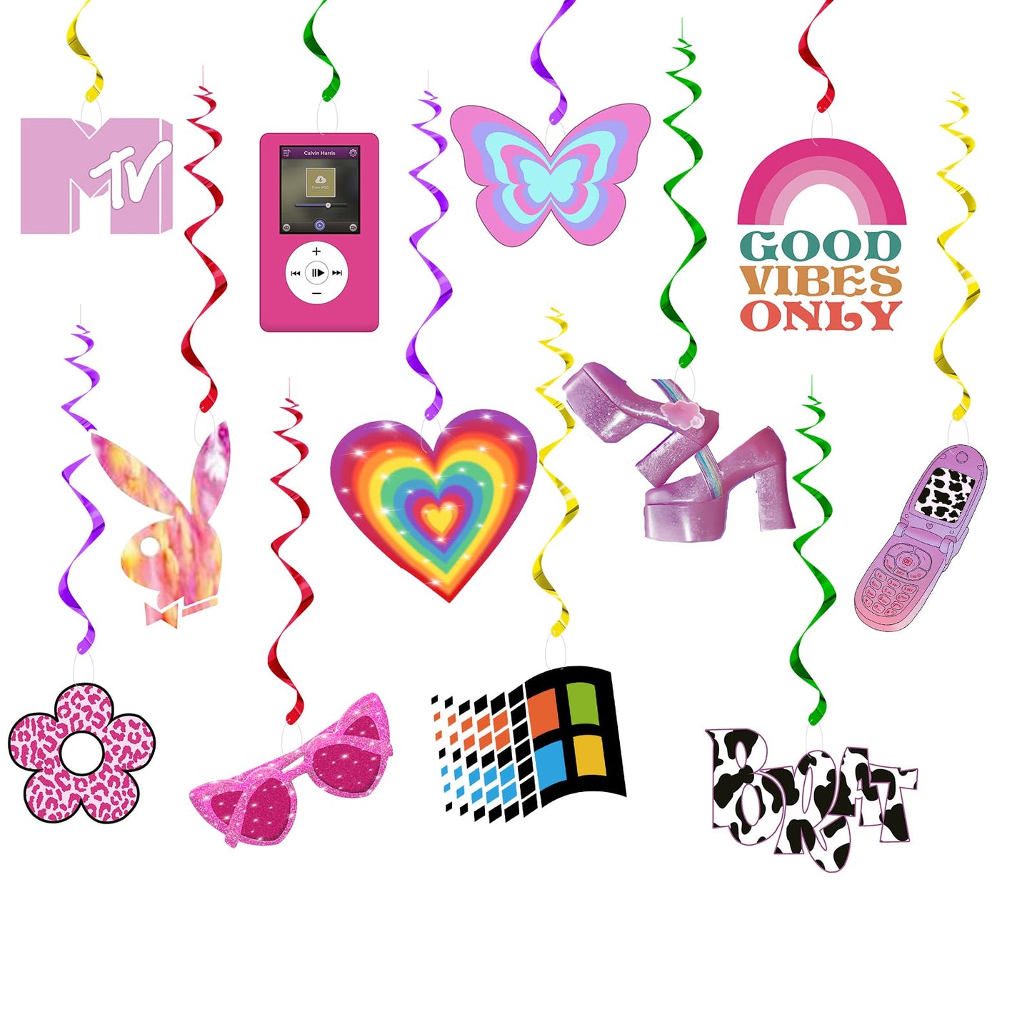 24Pcs Y2k 2000s Pink Party Swirl Decorations Hanging Spiral Decor Whirl Streamers Rainbow Hearts Ceiling Streamers Y2k Spiral Fa