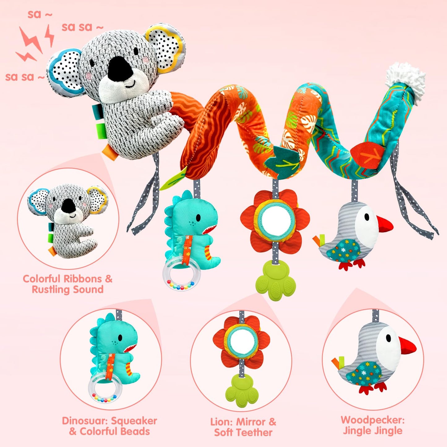 Monstime Car Seat Toys For Babies 0-6 Months, Newborn Toys Baby Toys 0-3 Months Stroller Toys, Infant Toys 0-6 Months For Carseat Stroller Crib With Mirror, Rattle, Teether For 0 3 6 9 12 Boys Girls