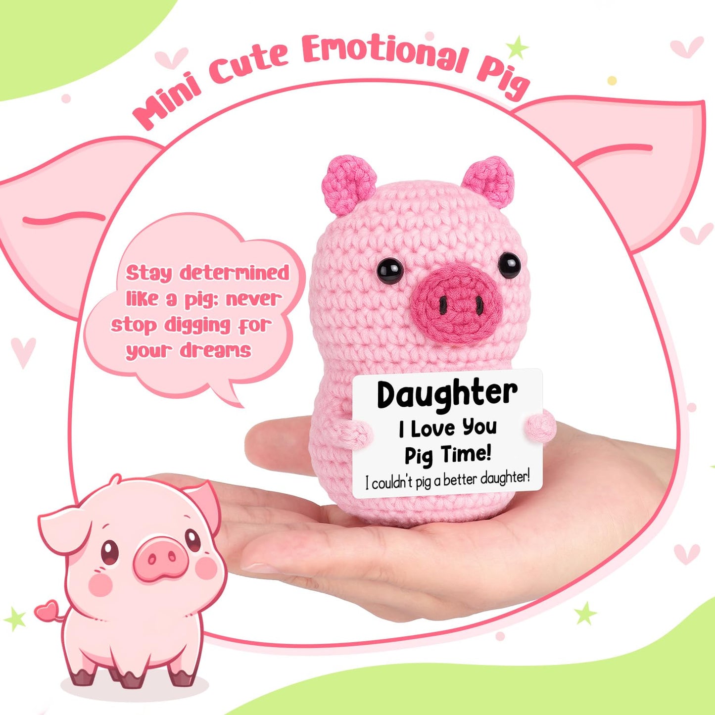 Funny Positive Pig Gifts for Daughter Birthday Christmas  Handmade Crochet Emotional Inspirational Pink Pig for Daughter Teens mature-themed  Daughter Gifts for Birthday Graduation Christmas Cute Decor